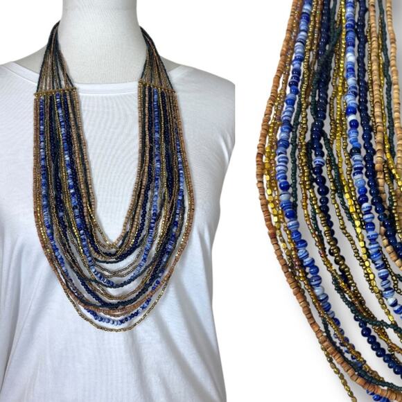 Chico’s Women’s Necklace Seed Bead Multi Strand Blue Navy Gold Tan 18” Length - Picture 10 of 10